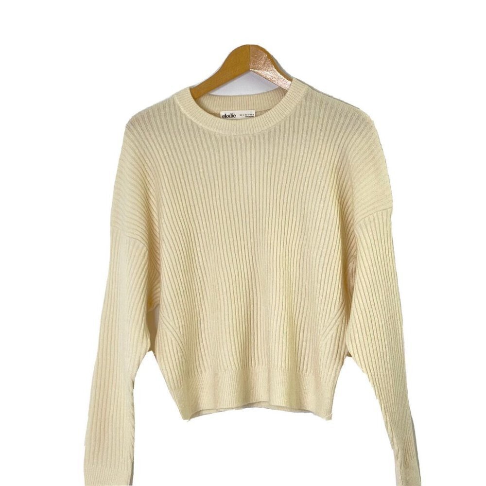 elodie Women's size XL Cropped Crewneck Sweater Ribbed Knit Ivory Off White